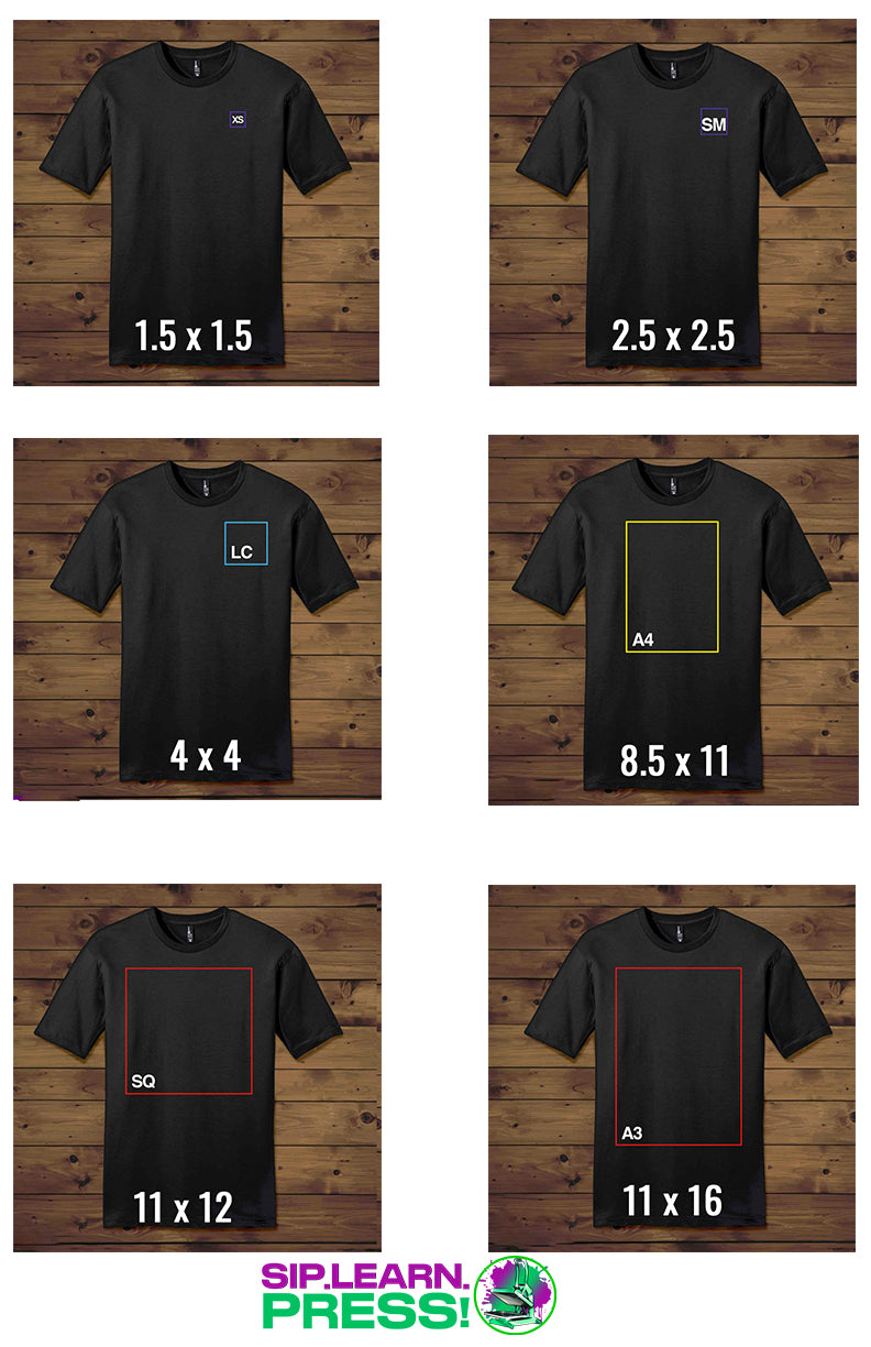Sizing chart with several common sizes for design images added to t-shirts.  Learn more at TransferExpress.com