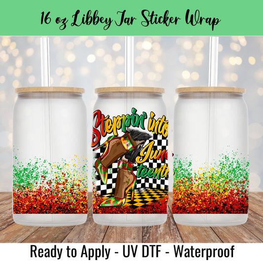 Steppin Into Juneteenth Checkered 16 Oz UV DTF Sticker Wrap