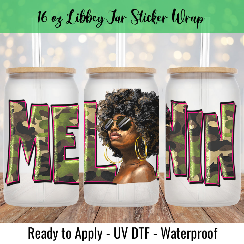 Melanin Woman Camo 16 Oz UV DTF Sticker Wrap